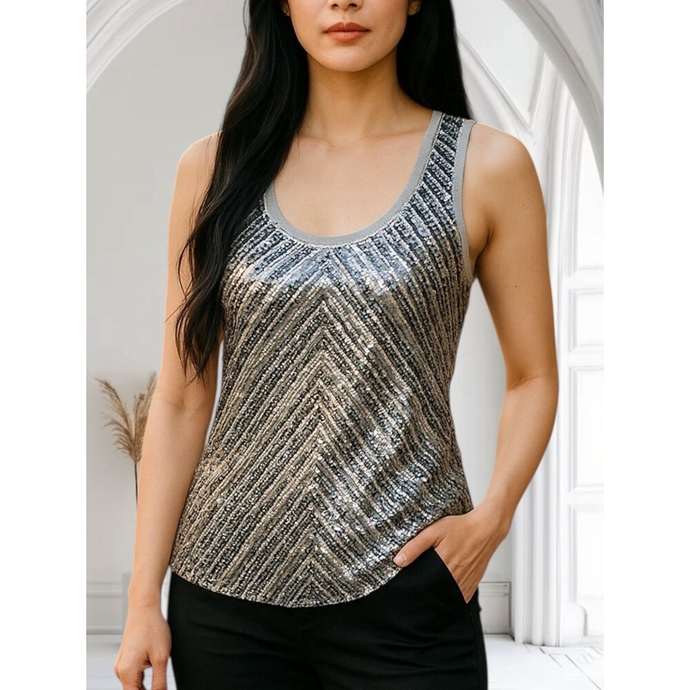 Chances Sequin Tank Top Womens L Silver Racerback Classy Travel Night Life Bling